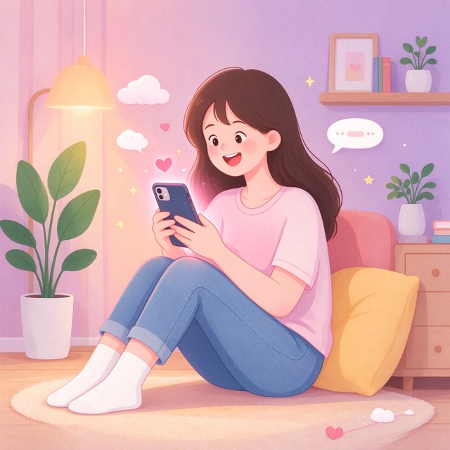 meimodu产品介绍插画：少女坐在温暖房间里抱着手机与AI温柔聊天，身边环绕爱心与聊天气泡