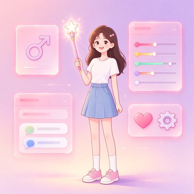 meimodu人设定制插画：少女面对粉色魔法屏幕自定义专属AI人设